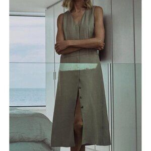 ZARA Linen Ringed Button Front Midi Dress XS Olive Green